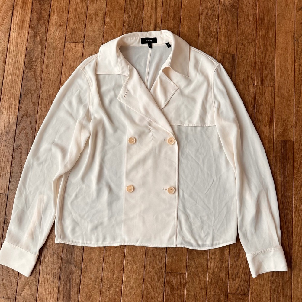 Theory Silk Double Breasted Blouse Womens Size S Cream Modern Workwear‎ READ